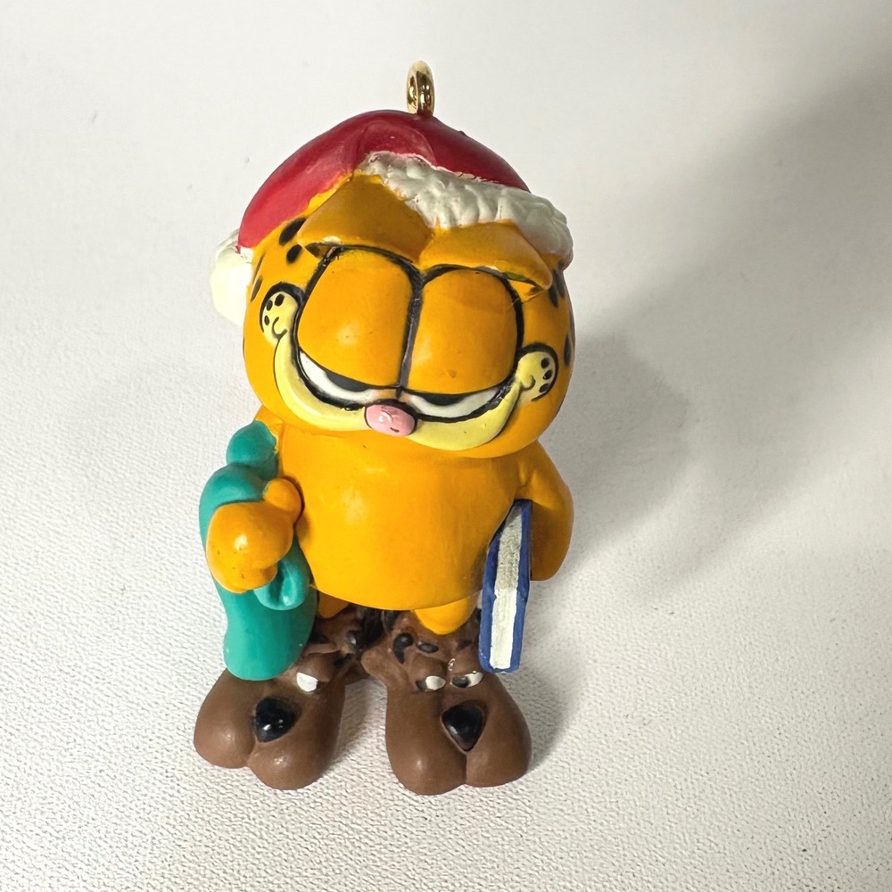 Vintage 1992 Hallmark Garfield Christmas Ornament Santa Hat Bunny Slippers